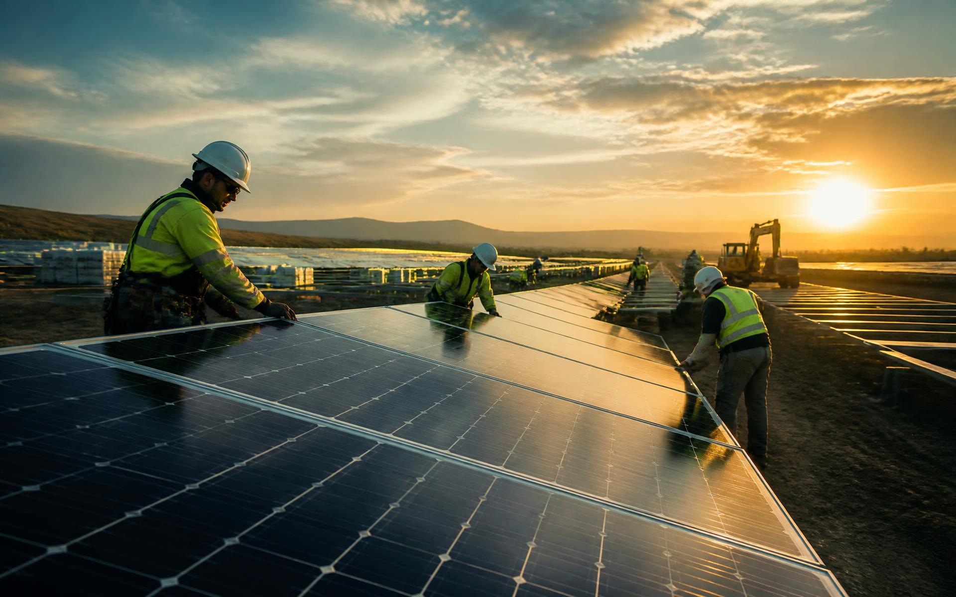 Solar construction crew installing panels at sunset